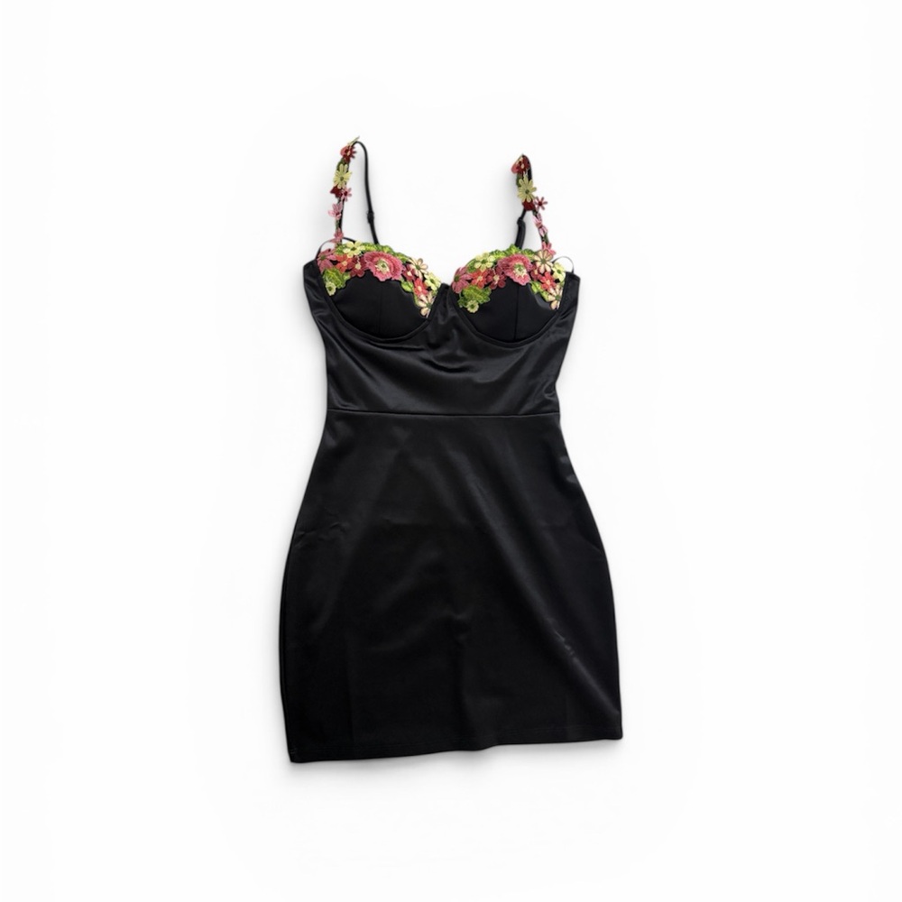 Windsor Black Dress with Pink & Green Floral Accents